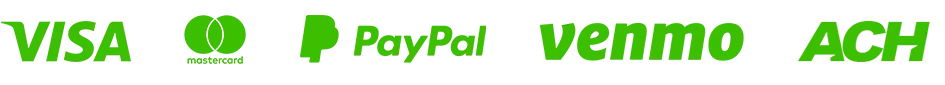 Visa, Mastercard, PayPal, Venmo, ACH